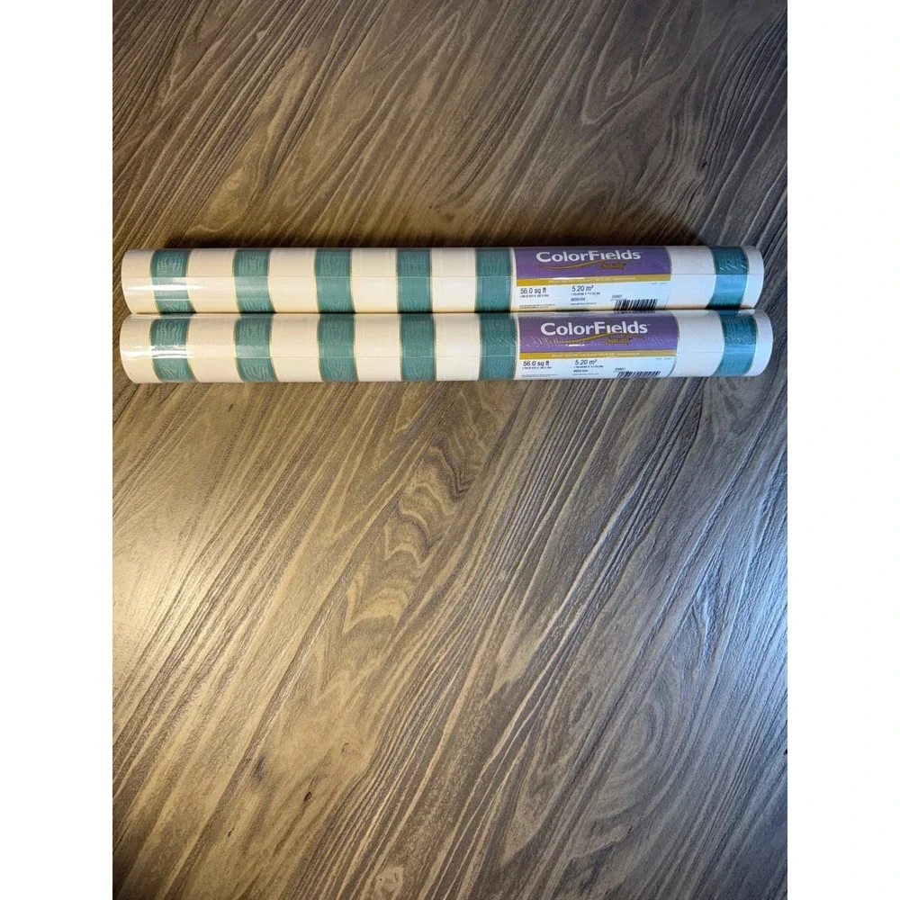 VTG Sunworthy Wallpaper Home 2 Rolls Teal New Striped Vinyl WS5104 Gold Trim